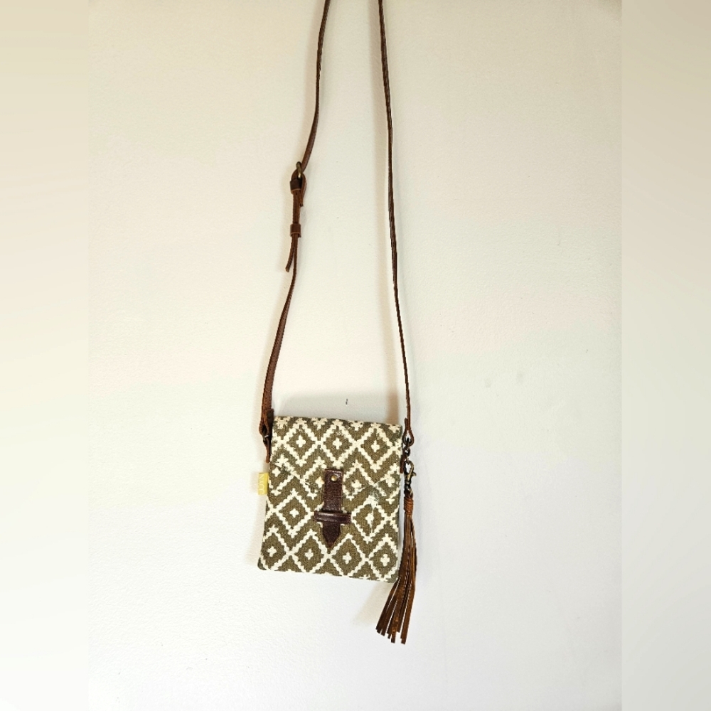 Canvas Mini Crossbody Green White Block Print Leather Strap Tassels Boho